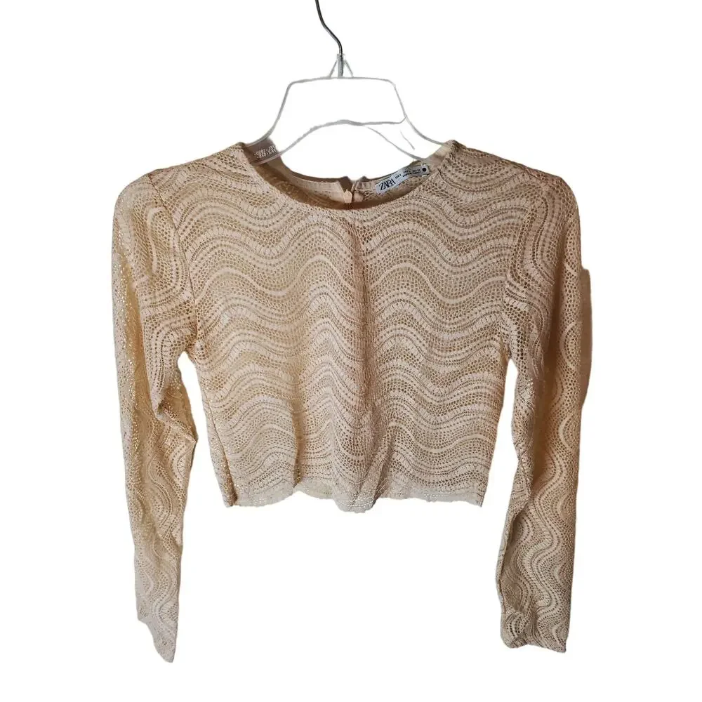 ZARA Beige Knit Long Sleeve Crop Top, Small